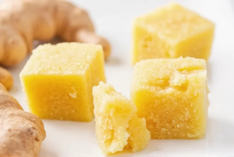 Close-up of frozen ginger cubes in ice tray with fresh ginger root and grater