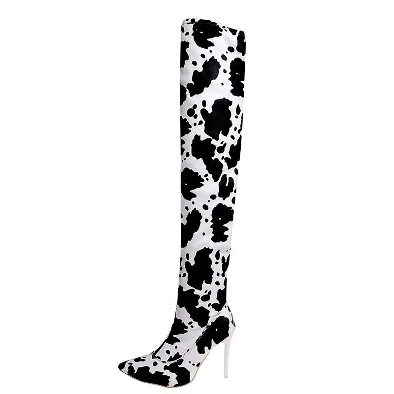

New Autumn Winter Stretch Boots Fashion Zipper Cow Pattern Over The Knee Boots Sexy Thin High Heel Pointed Toe Lady Shoes, White brown