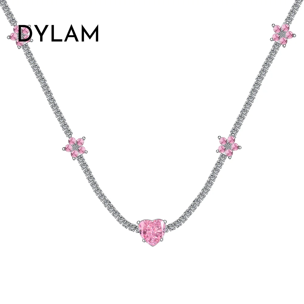 

Dylam Stylish Fine Jewelry Choker Tennis Necklace with 925 Sterling Silver Rhodium Plated Heart Flower Shape 8A Cubic Zirconia