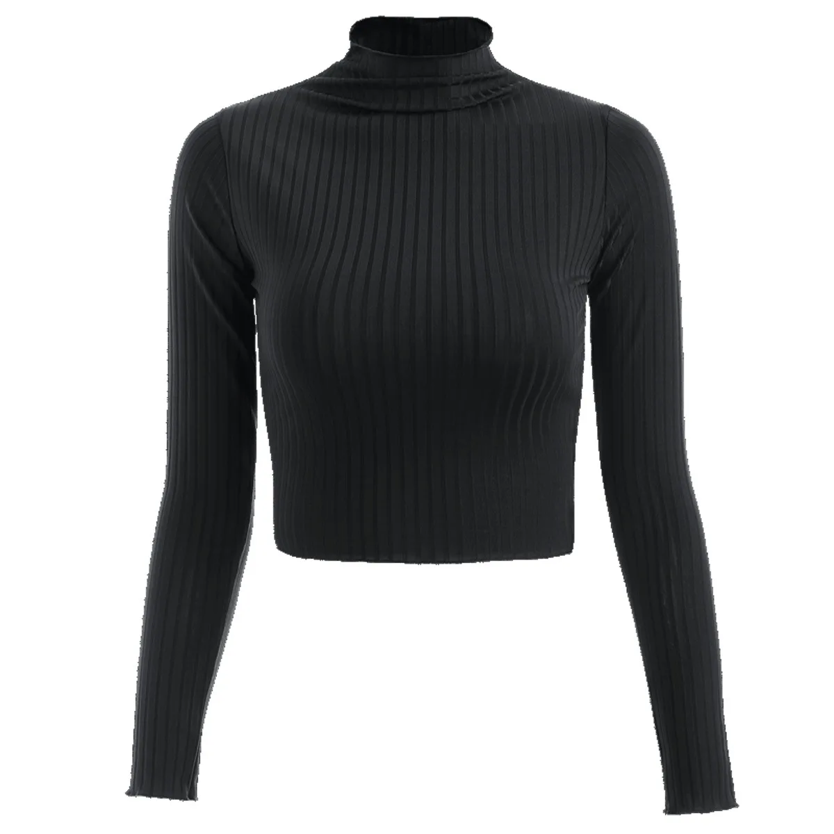 

Busty 2020 autumn/winter semi-high-necked solid-colored long-sleeved knitted T-shirt trim women's unbuttoned top