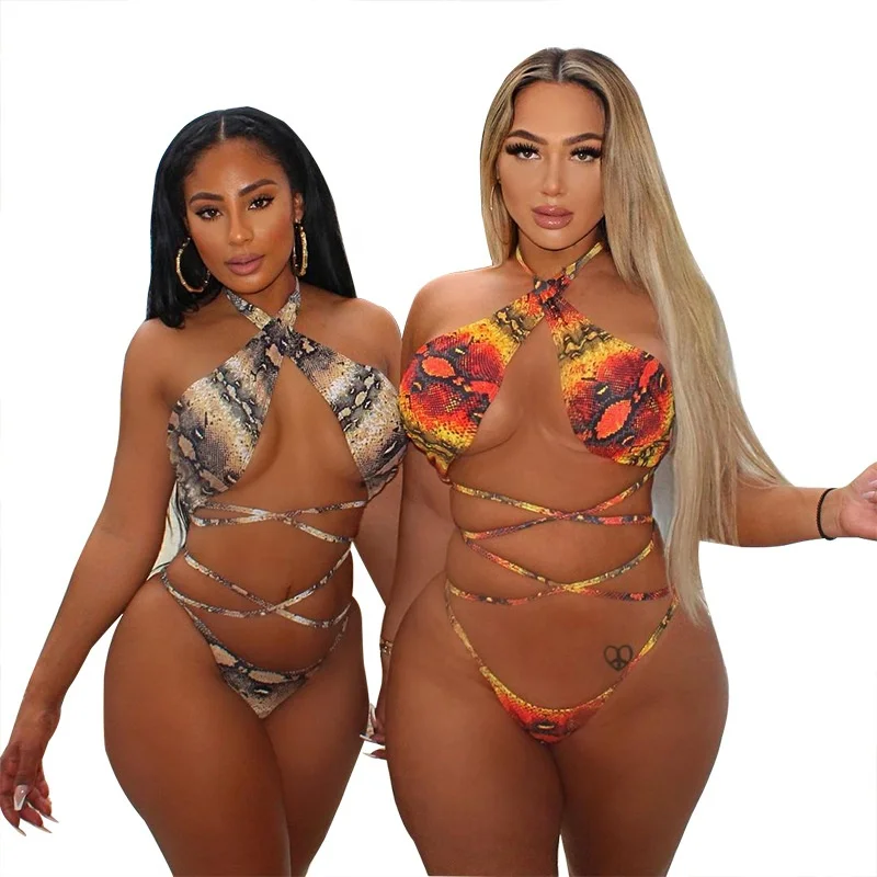 

Amazon hot sale strappy plus size 4XL ladies sexy snake printed swimsuit two piece bikini sets for women, 2 colors