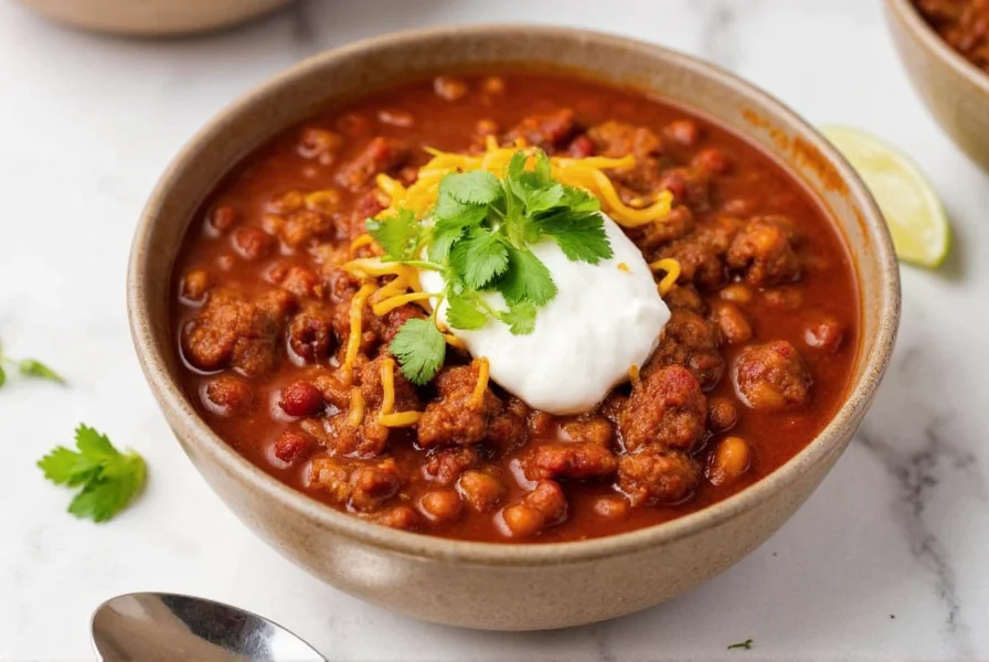 Finished bowl of best chili ever served with traditional toppings including sour cream and fresh cilantro