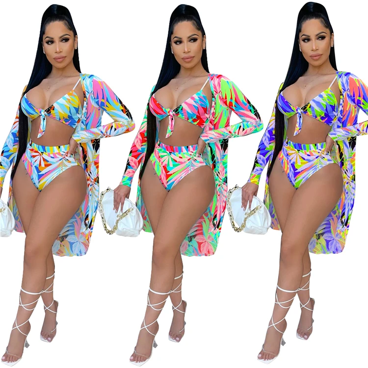 

DUODUOCOLOR Summer sexy print cape bikini three piece bathing suit beach clothing for women swimsuits 2021 ladies D97716
