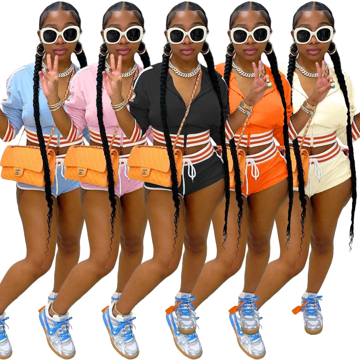 

Fashion Clothinging Patchwork Striped Crop Top With Zipper Womens Clothes 2021 Hoodie And Biker Shorts 2 Two Piece Sets, Picture