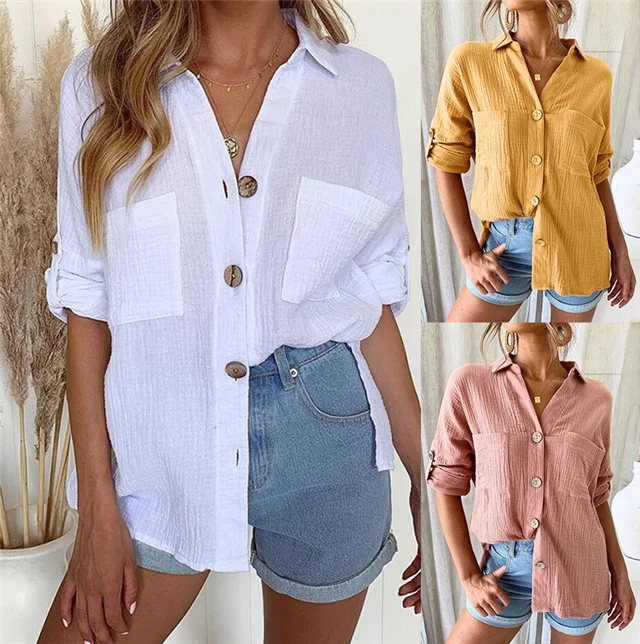 

2021 Summer Button Long-sleeved Solid Color Casual Shirt, Different colors and support to customized