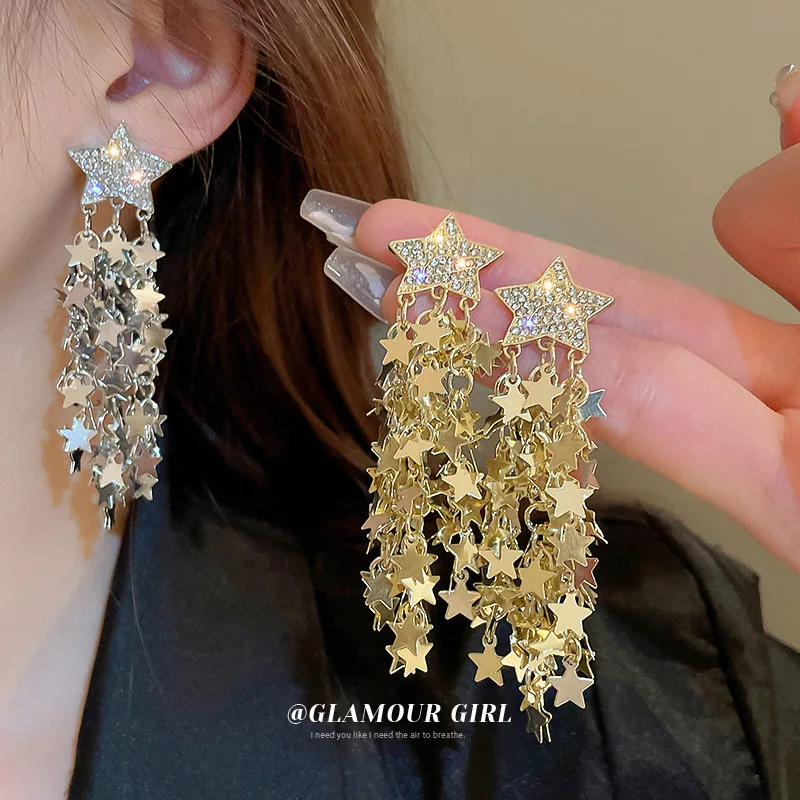 

Silver gold color sequin shiny diamond star earrings long tassel earrings women