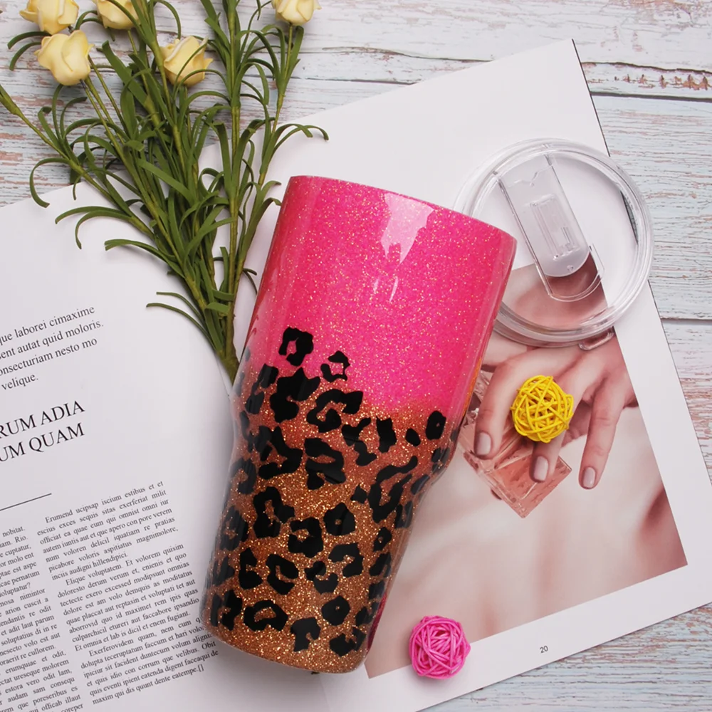 

Wholesale Handmade 30oz Epoxy Glitter Crystal Gradient Pink Leopard Printed Cups DOM1001172 Double Wall Vacuum Tumbler for drive