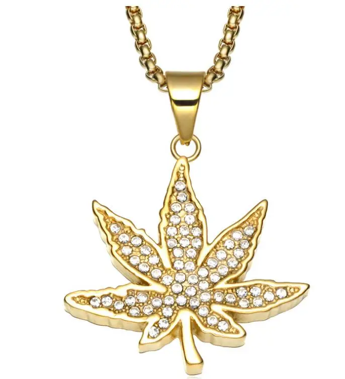 

Hop Jewelry Maple Leaves Iced Out Chain Paved Full Shining Bling Crystal Gold/Silver Color Zinc Alloy Titanium Charm, Gold,silver,black