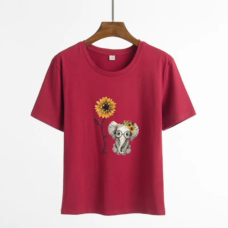 

New Elephant sunflower print shirt women casual short sleeve o neck tee tops for female cartoon cute t-shirts femme clothes, As pictures