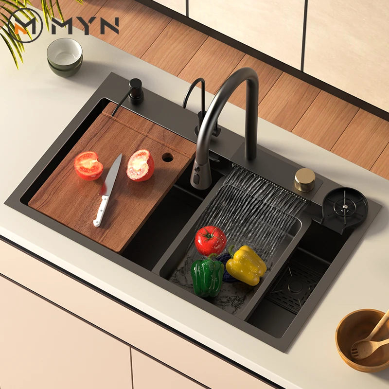 

Nano Gunmetal Sink Kitchen SS 304 Stainless Steel Multifunctional Rainfall Faucet Kitchen Sink With Waterfall