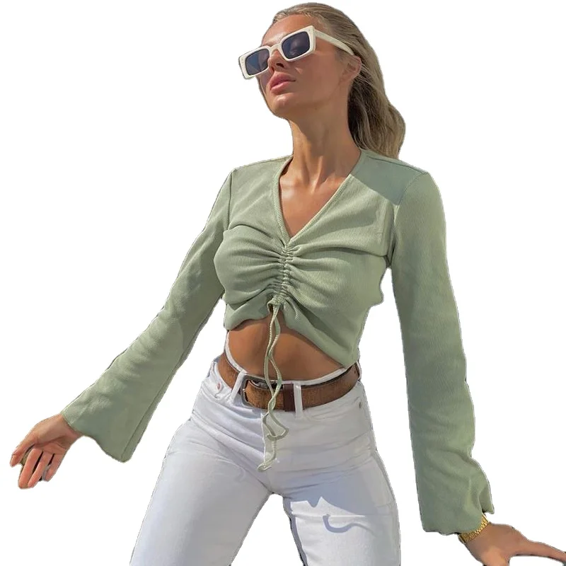 

Drawstring T-Shirt Europe And The United States Spring Drawstring Training Students Are Thin And Navel All-Match Blouse XQM