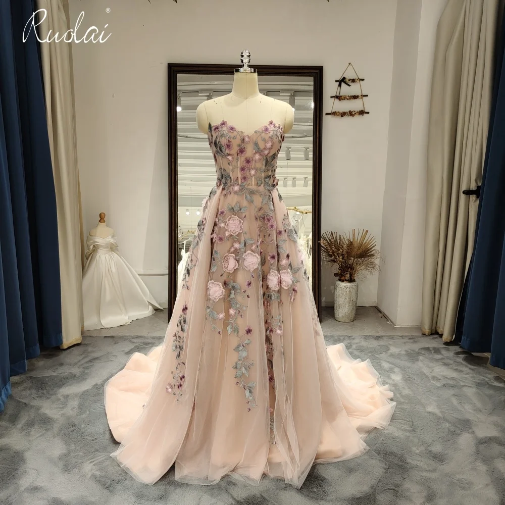 

OEV-L4399 Elegant Sweetheart Neckline Dusty Pink 3D Flowers Lace Long Plus Size Dress Party Evening Gown