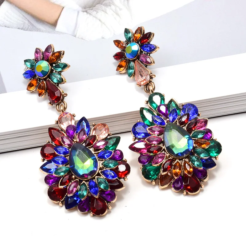

Kaimei New Vintage Hanging Double Flower Dangling Drop Earrings Studded With Full Colorful Crystal Flower Statement Earrings, Many colors fyi