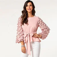

Latest fashion look-through long sleeves O neck sweetheart nice wear women pink blouse young lady bandaged top