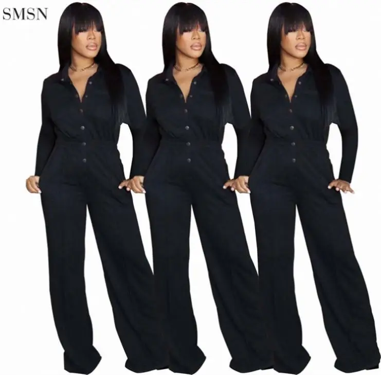 

Newest Design Solid Color Loose Button Elegant Wide Leg Jumpsuit Women 2021 Ladies Jumpsuit Office