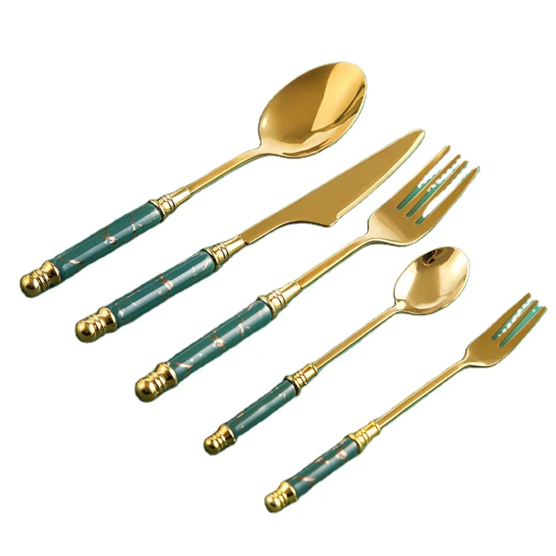 

Nordic Cutlery Set Marbled Knife Fork Spoon Set Golden Coffee Spoon Fruit Fork Kitchen Western Tableware Dining Table Set, White black green