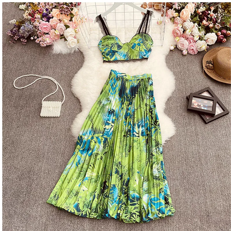 

TZ512 New 2021 Summer Sweet Floral Print Tank Tops+skirt Set Korean Fashion Women Two pieces Sets Clothing 5