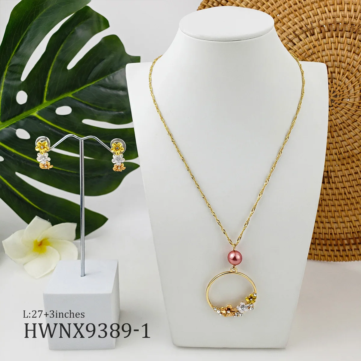 

Hawaiian Jewelry Wholesale 14K Flower Pearl Earring Necklace Pearl Set