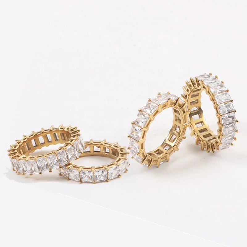 

New fashion 5A CZ Pave Rings 18K Gold Plated Stainless Steel Bling Bling Baguette Diamond Ring for Women