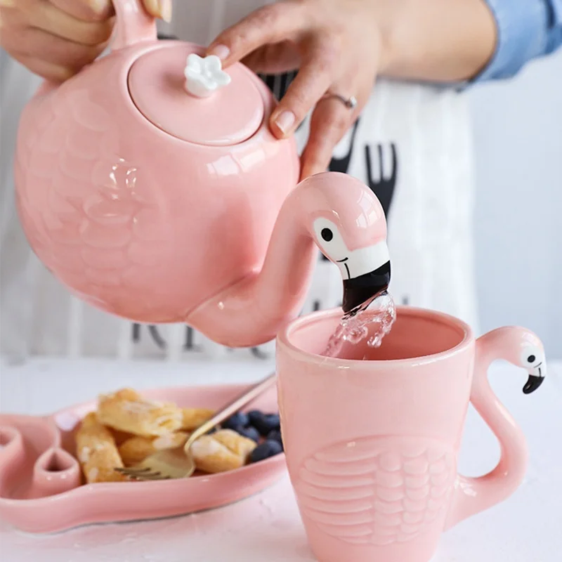 

Factory direct sale pink Flamingo ceramic teapot cup tea set cups