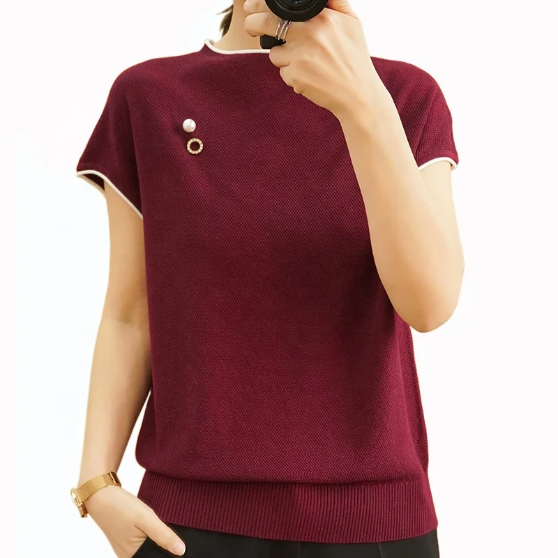 

Plus Size 100% Cotton Fashion 2020 New Tee Tops Half Turtleneck Batwing Short Sleeve Metal Ring Pearl Decoration Women's T-shirt, Griege. wine red