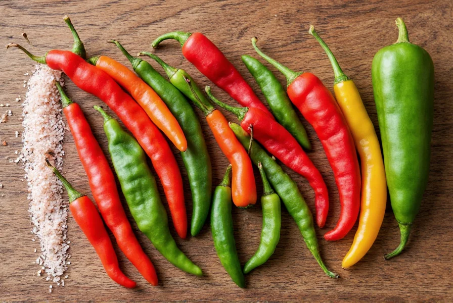 Assortment of different pepper varieties next to sea salt
