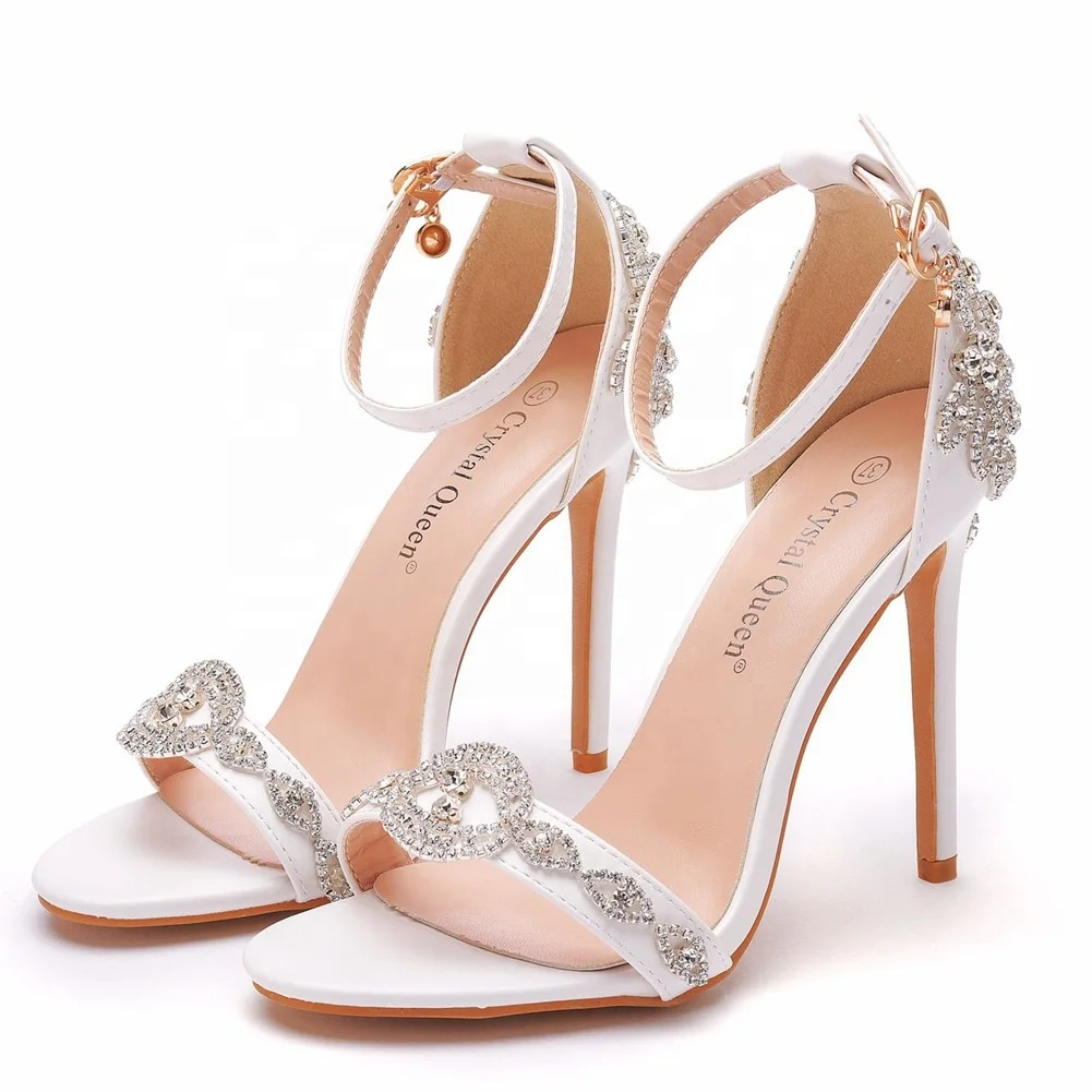 

White Women Ankle Strap Sandals High Heels Shiny Crystals Bridal Shoes 2021, As picture