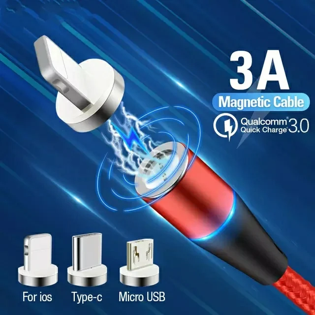 

High Quality Nylon Braid Rotation Cellphone Charger Line Led Magnetic C04 Fast Charging Data Micro Usb Cable, Red/black