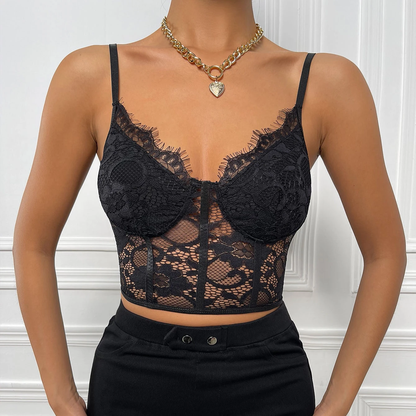 

Sexy Women's Sleeveless Eyelash Lace Corset See-through Padded Crop Top Backless Street Style Tank Top, Black