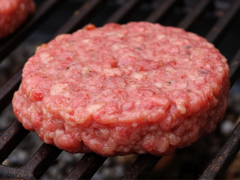 Close-up of burger patty with center dimple before cooking on grill