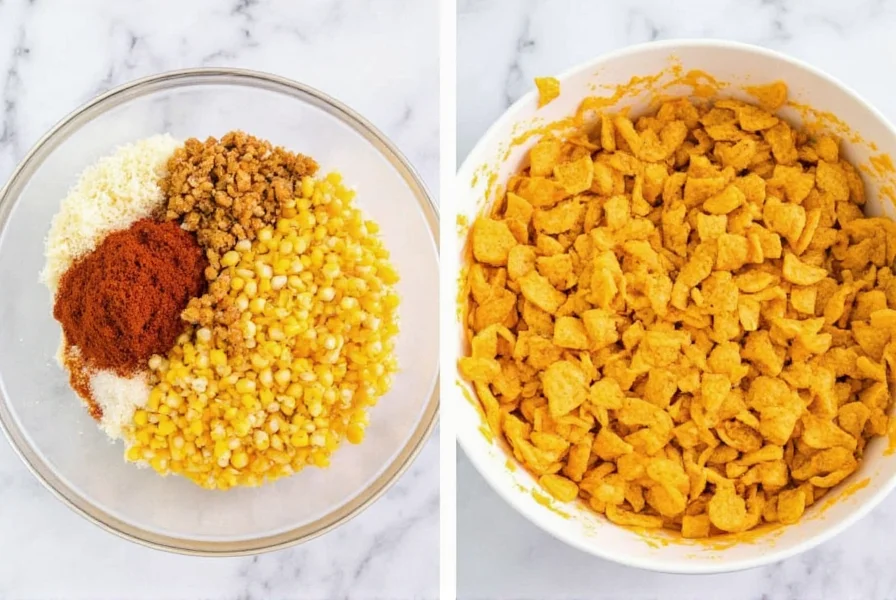 Step-by-step preparation of chili cheese frito corn salad showing corn, cheese, and crushed Fritos in mixing bowl