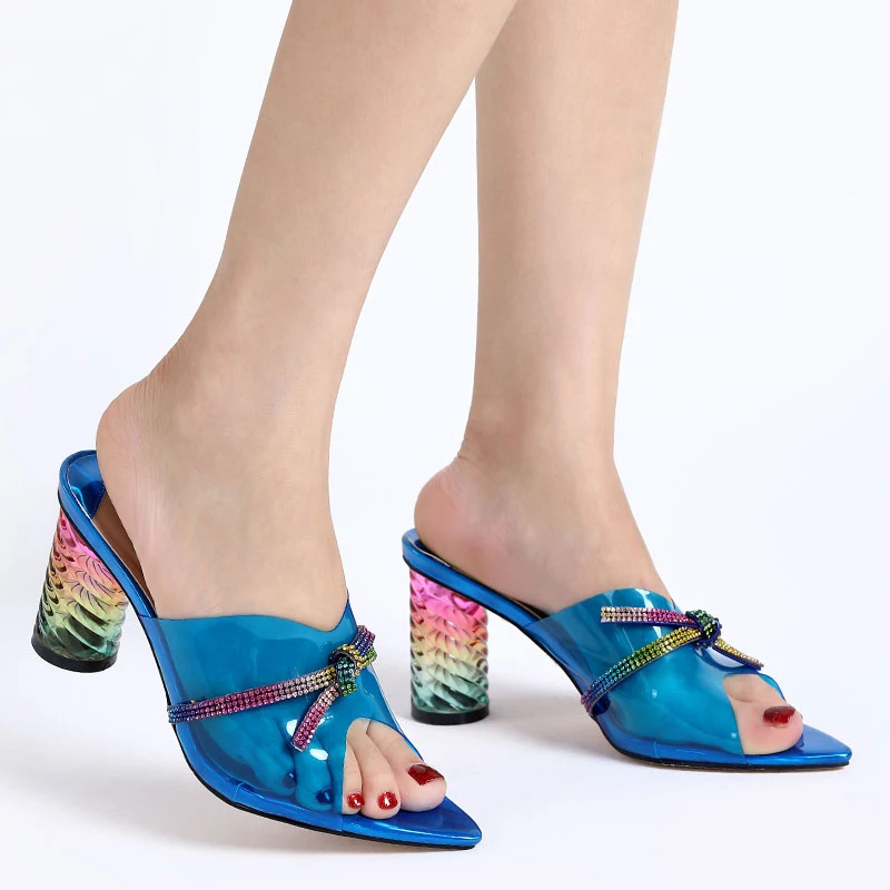 

2020 hot sale summer square toe thin girls high heel new pu slipper design