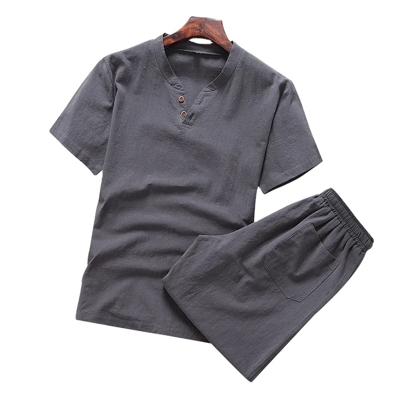 M-5XL Oversized Man's Summer Streetwear Casual Cotton Linen T-shirt and Drawstring Shorts Set with Solid V-Neck Summer Style