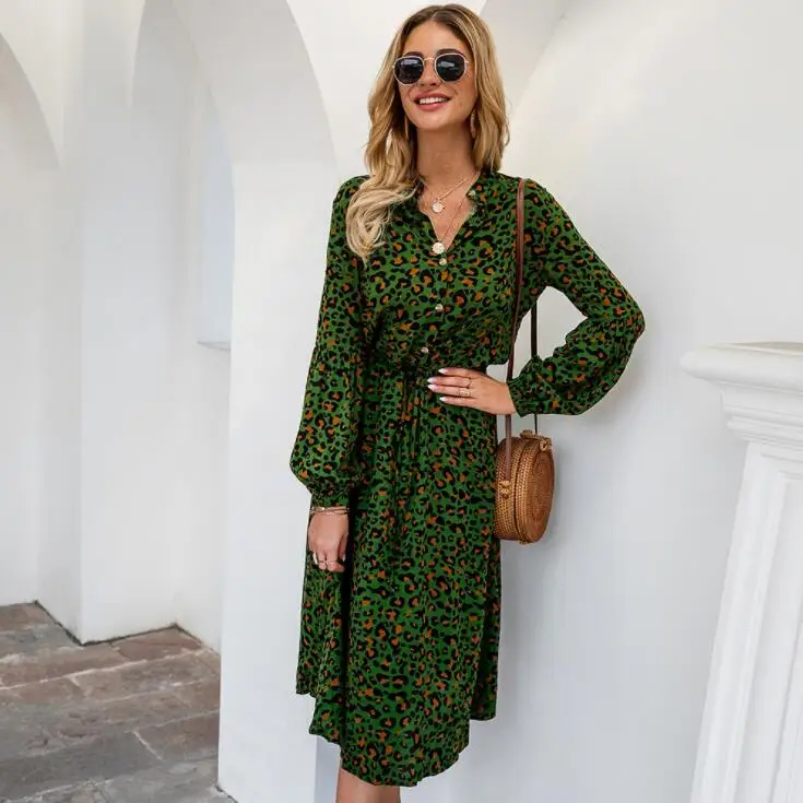 

High Quality Plus Size Elegant Dress Long Sleeves Women Cotton Leopard Printed Maxi Dress, Khaki,green,red,white or customized colors