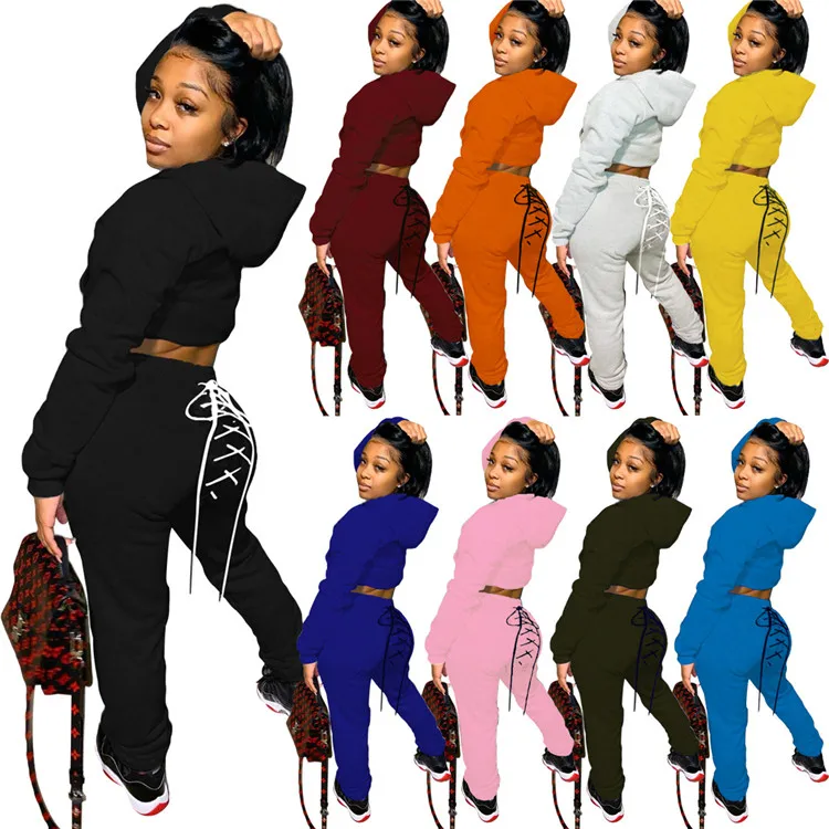 

2020 Women Winter Clothing Solid Color Hoodie Top Bandage Pants Thick Two Piece Set Long Sleeve Women Outfiit 2 Piece Set