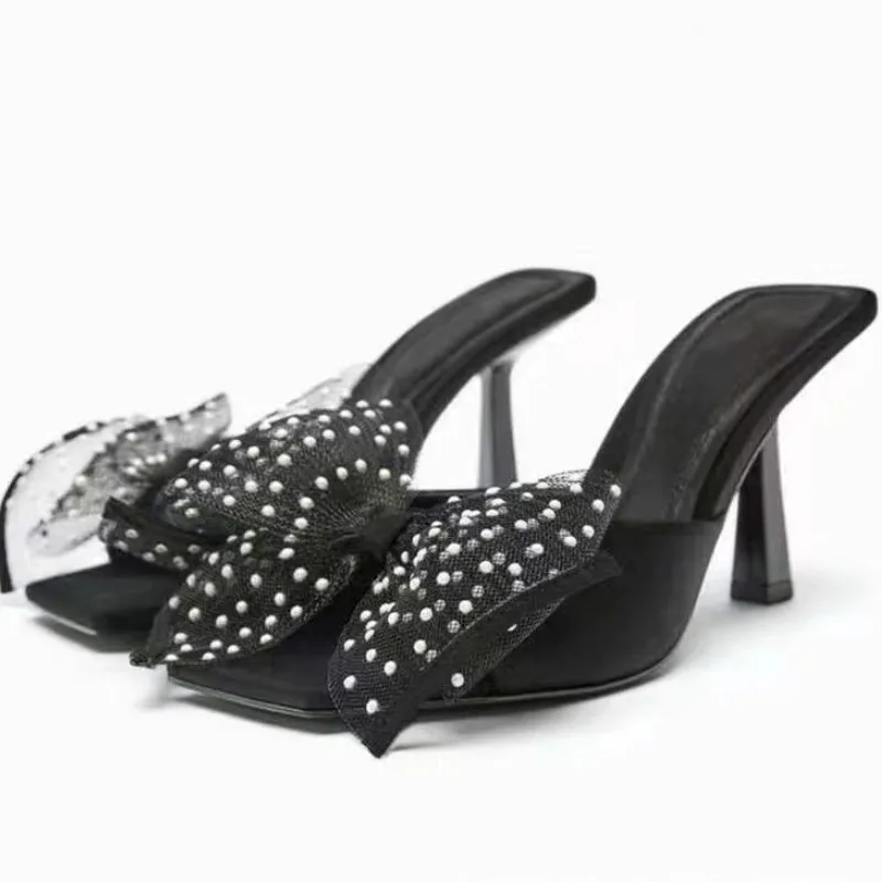 

Dropshipping Custom Logo 2023 New Styles Pearl Bow Knot High Heels Flip-flops Sandals with Heels for Women and Ladies