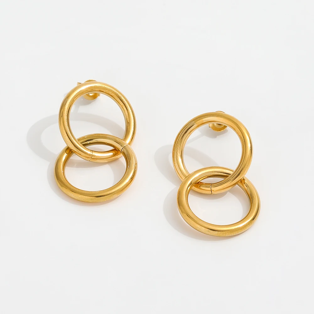 New Trendy Earring 18K Gold Plated Two Ring Drop Earrings for Women Stainless Steel Earrings Wholesale