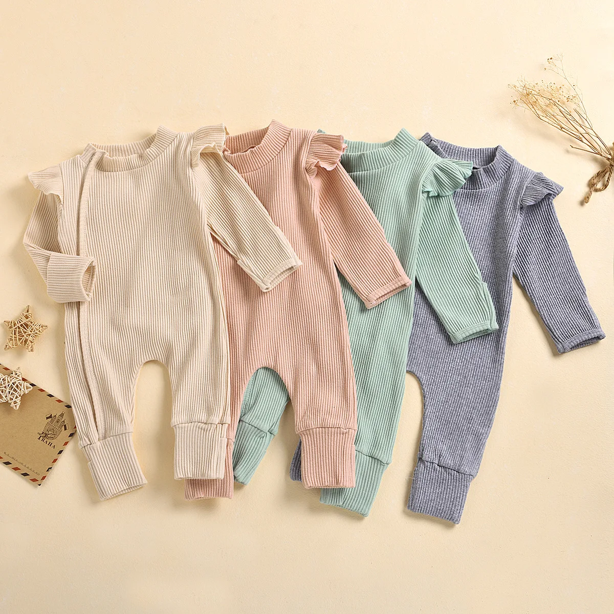 

Baby Girl Rompers Newborn Ribbed Long sleeve Jumpsuit with Zipper Solid Color Bodysuit for 0-18m, 4colors for choose
