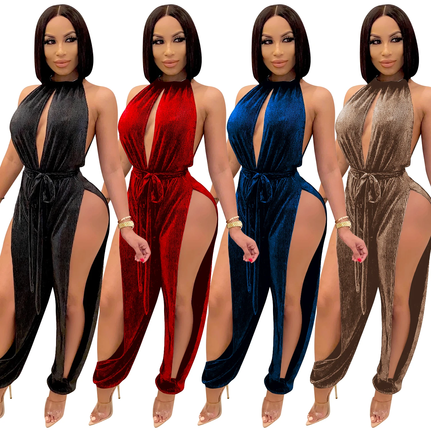 

F21527A Hot selling fashionable sexy leggings stretch slit women's jumpsuit, Black, red, blue, brown