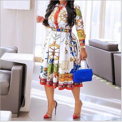 

Autumn Big Size Turn-down Collar Button Printed Slim A-line Lady Casual Dress
