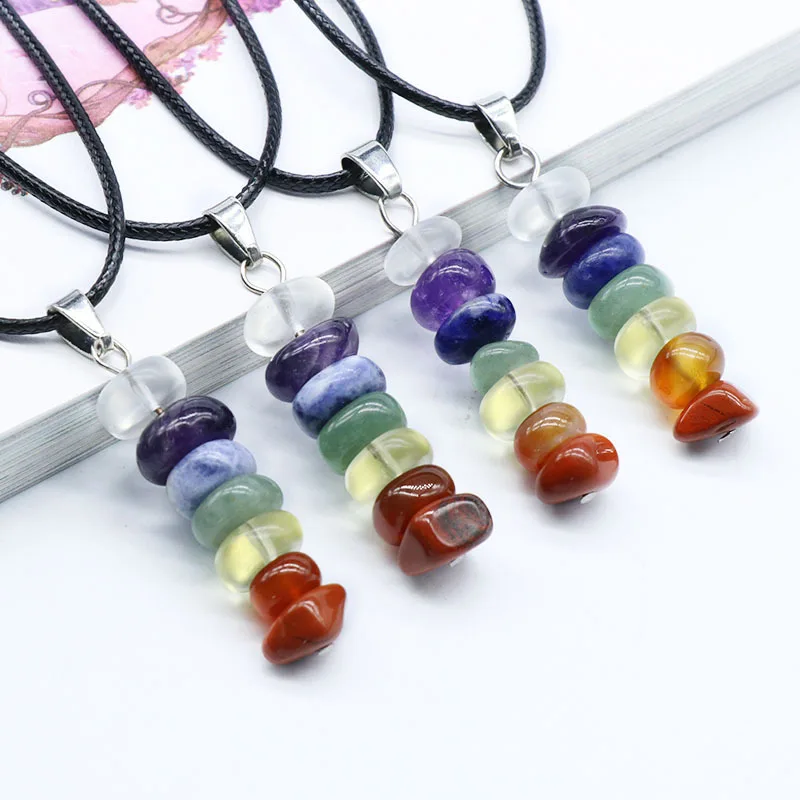 

7 Chakra Healing Crystal Pendant Necklace Natural Stone Amethyst Agate Handmade Necklace Leather Cords Fashion Jewelry