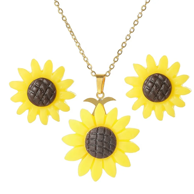 

Fashion stainless steel charms Chain Sunflower Pendant Necklace Stud Earring Jewelry Set Acrylic Floral Sun Flower Jewelry For Gift