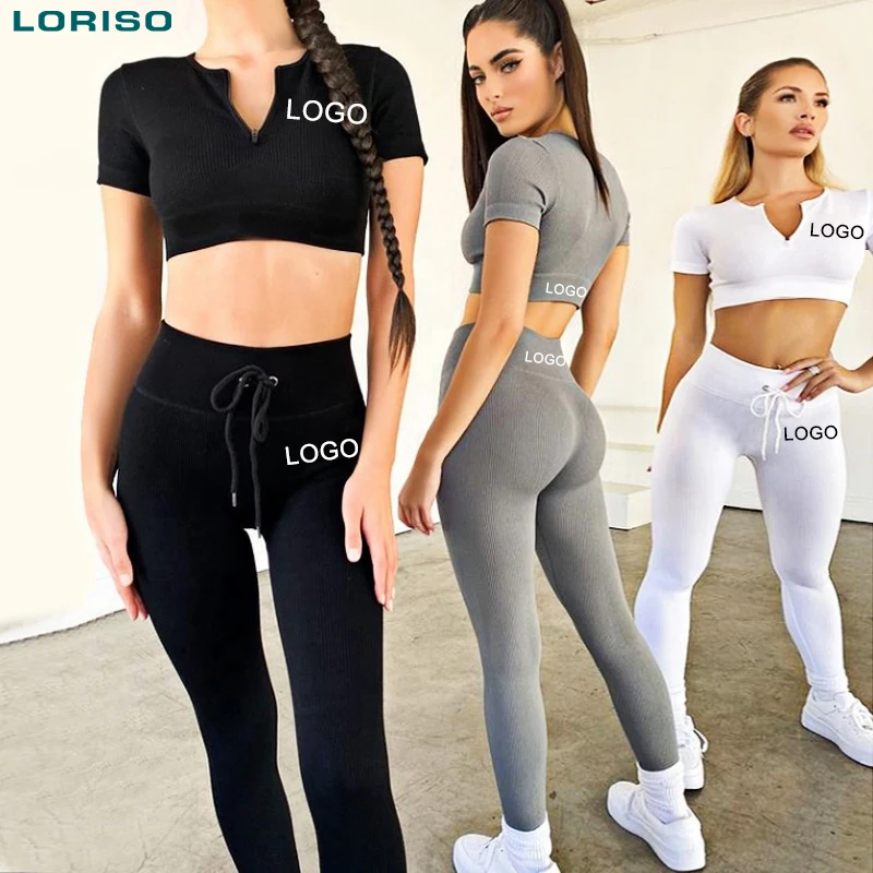 

New Zipper sport gum short sleeve wear high-waisted seamless fitness yoga pants leggings running yoga set women, Multicolor optional