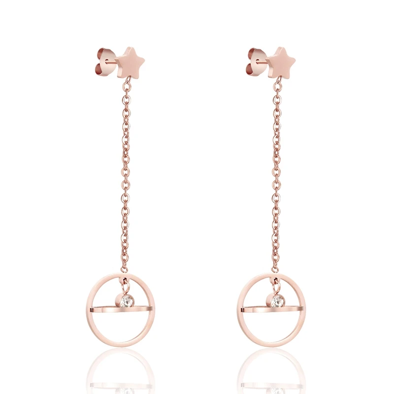 

New Arrival Beautiful Stars Hanging Sphere Middle Crystal Earrings Titanium Steel Jewelry Rose Gold Color Long Earring For Women, Customized