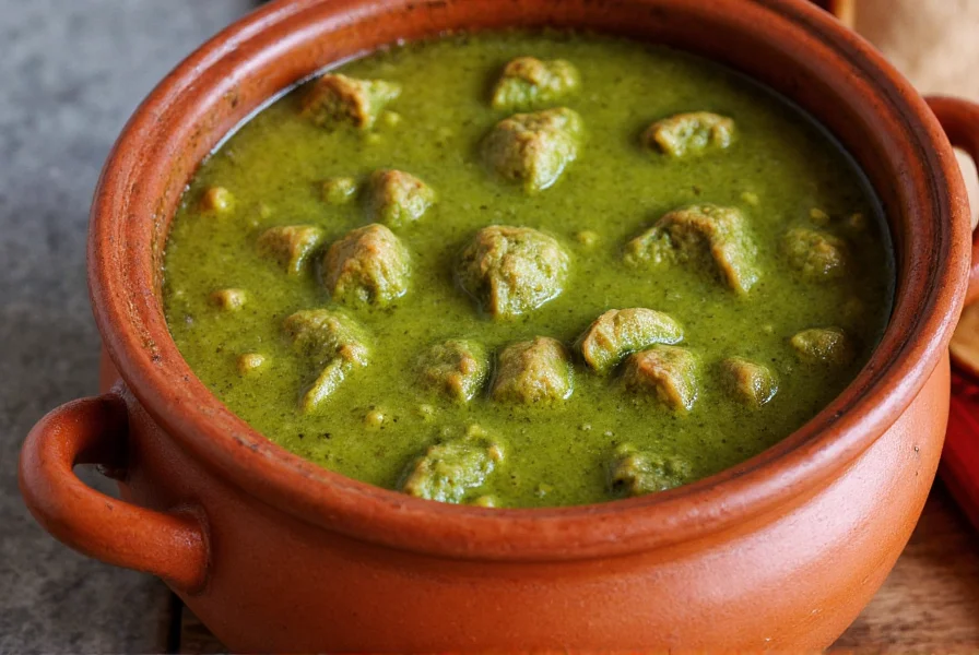 Traditional Mexican clay pot with simmering chili verde, showing vibrant green color and tender pork pieces
