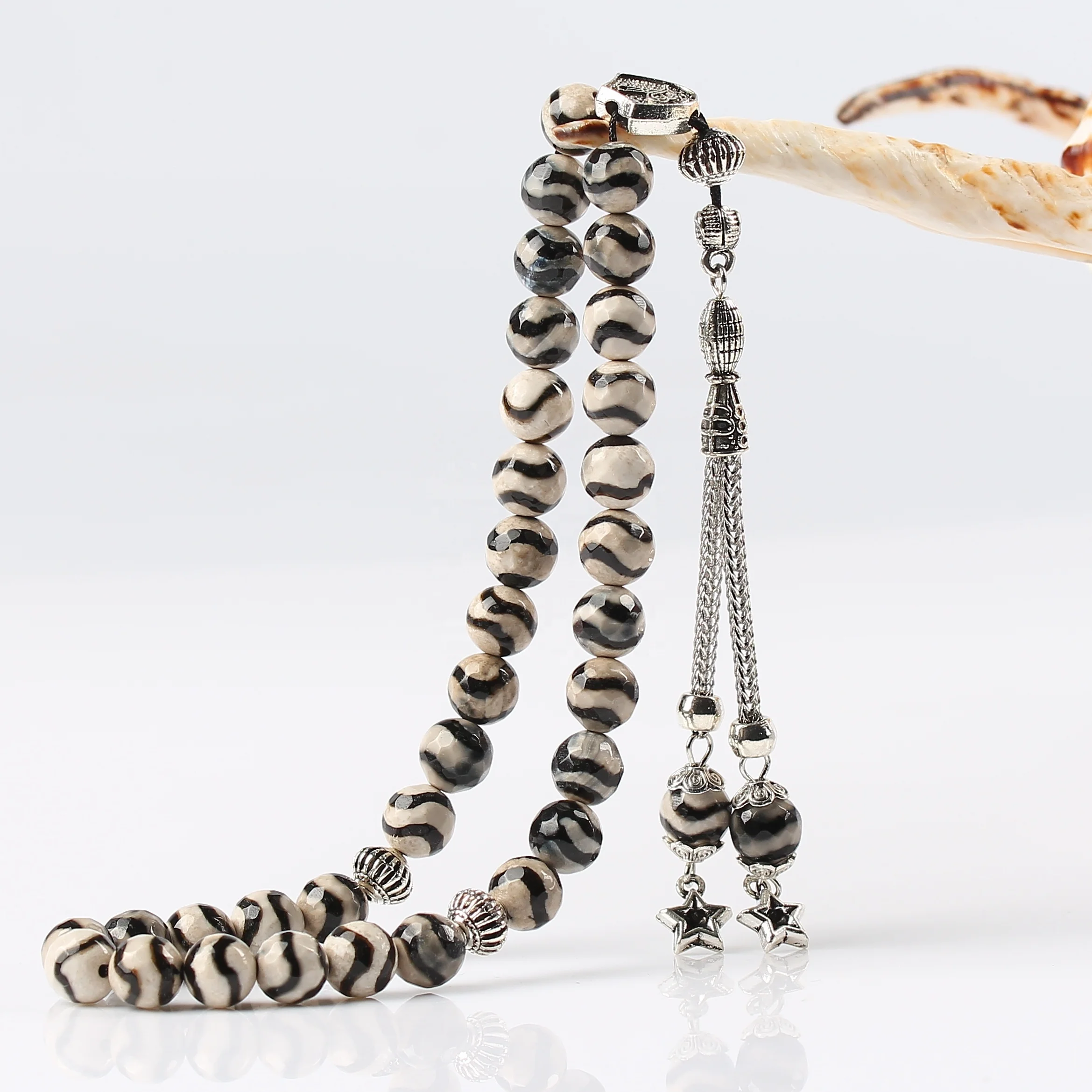 

8MM Natural agate Stone Silver Tassel Rosary Sibha Islamic Prayer Beads Muslim Tespih Tasbih