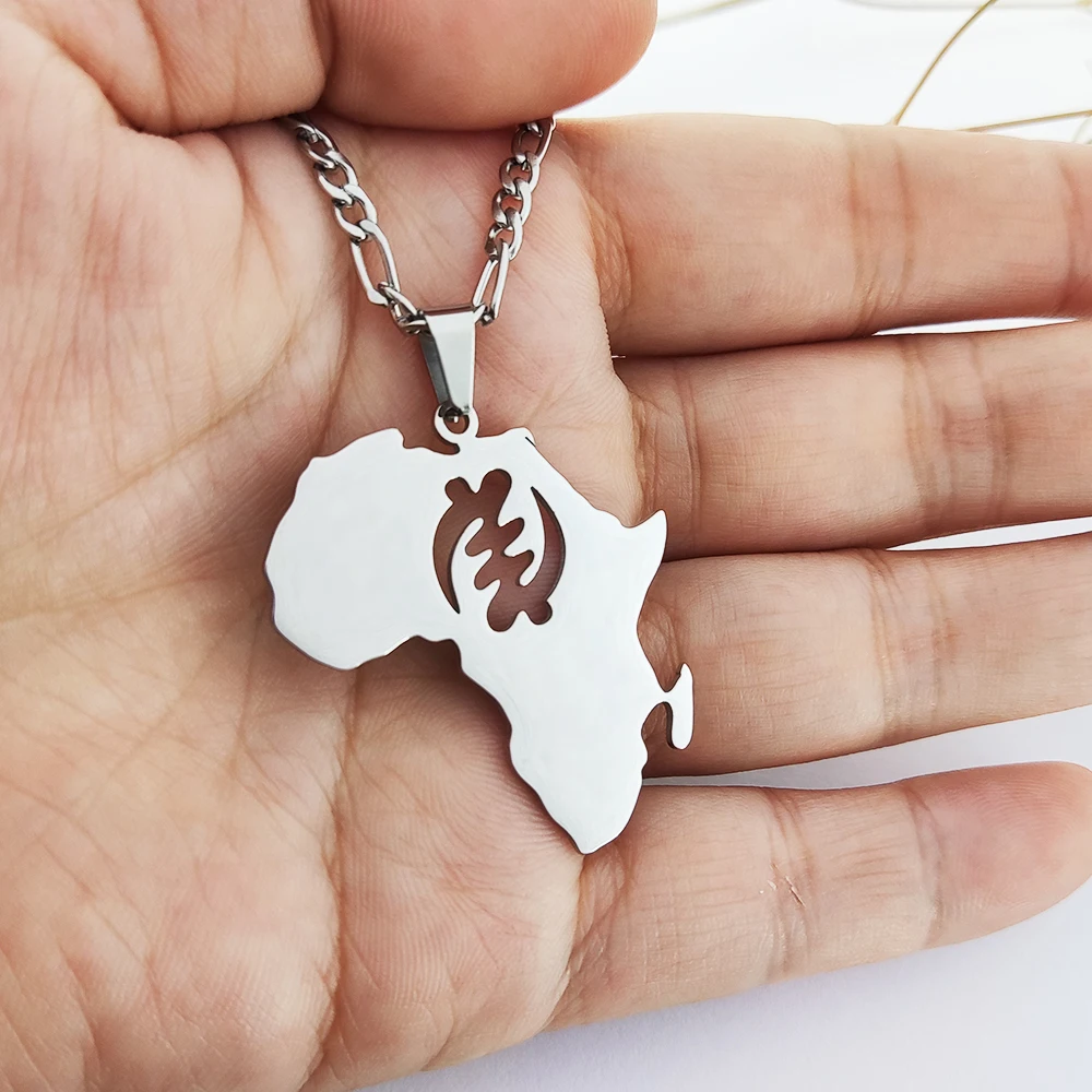

Stainless Steel Africa Map Pendant Necklaces Gold Plated African Symbol Adinkra Gye Nyame Necklace Ethnic Ghana Jewelry Findings, Steel/gold/rose gold and other