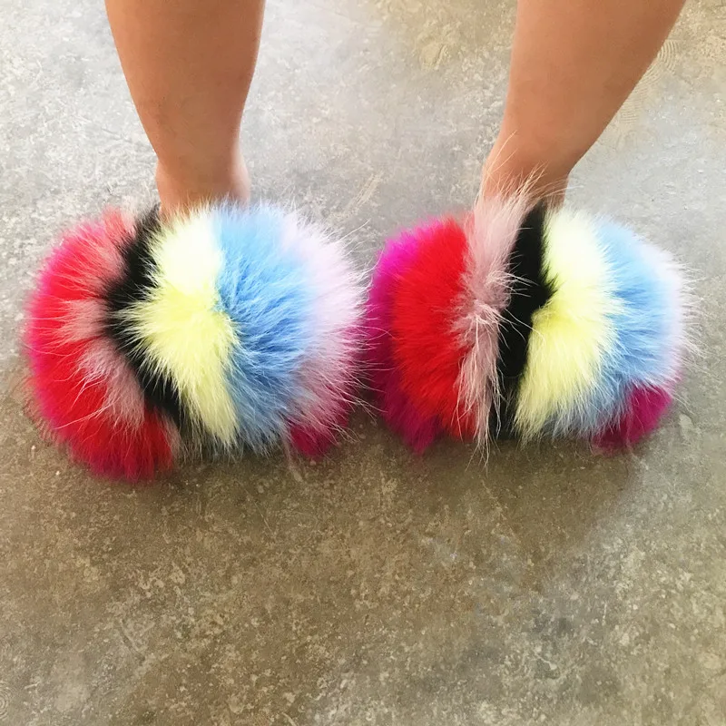 

Kids Slides Fur Women's Slippers Kids Fur Slippers Real Cute Fox Fur mommy and me Slides