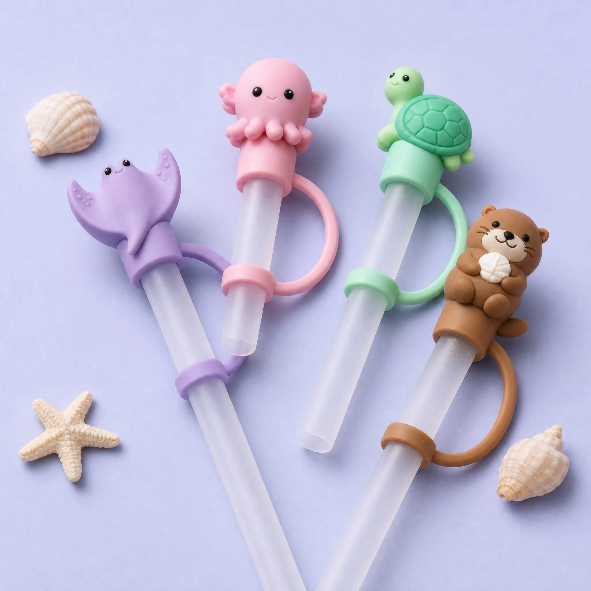Stingray, Octopus, Turtle and Otter Silicone Straw Caps