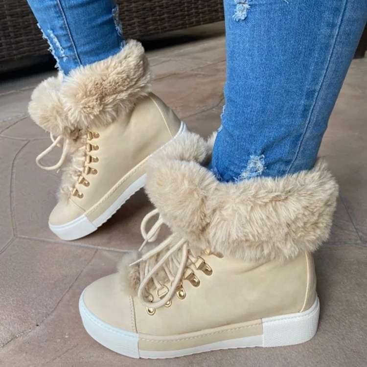 

Women Furry Winter Warm Sheepskin Fur Wedge Boots Plus Size Snow Boots Non-slip Lace Up Waterproof Furry Uggh Snow Boots, Grey black green pink